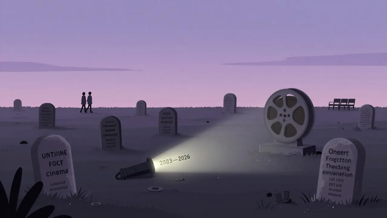 Un cimetière de films oubliés sous un ciel crépusculaire, avec des marqueurs en forme de bobines.