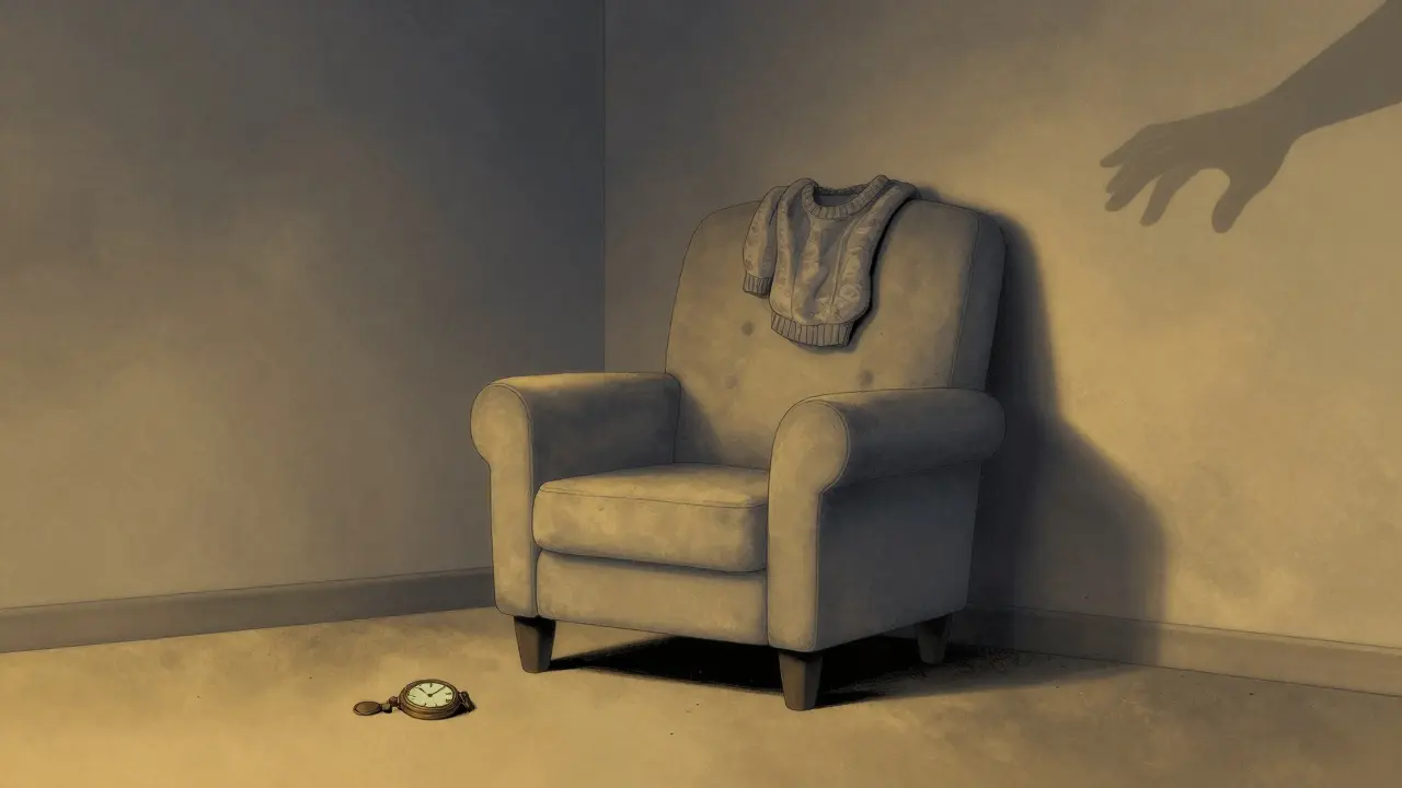 Un fauteuil vide, un pull et une montre au sol, les murs fondent en dégradés gris et doré.