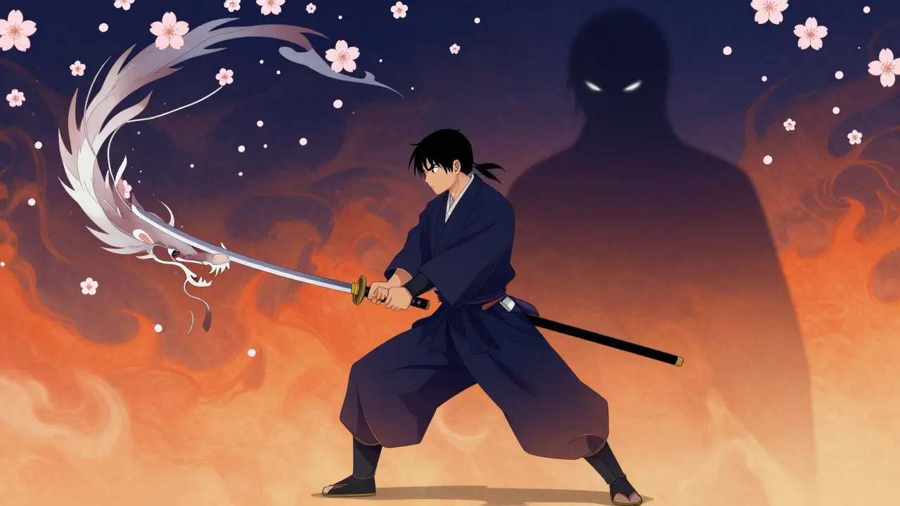 Un guerrier unissant sabre et soie, fleurs de cerisier et ombres en gradients vibrants.