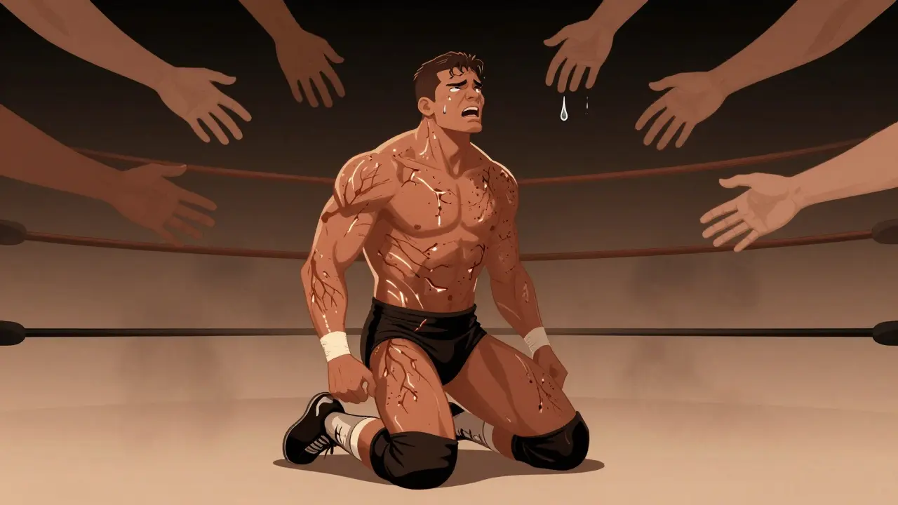 Un lutteur aux cicatrices lumineuses, entouré de mains tendues, dans une arène vide sous un ciel sombre.