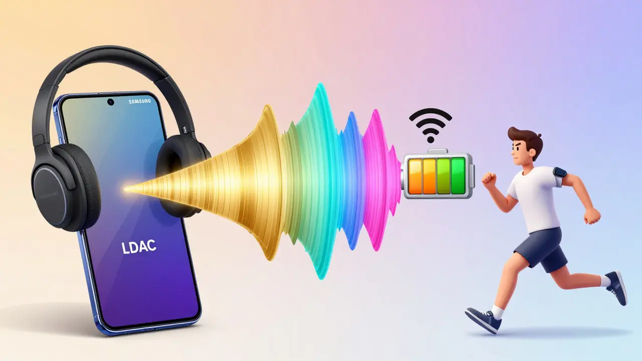 Un téléphone Android envoie un flux LDAC haute qualité vers des écouteurs, tandis qu'une batterie se vide rapidement.