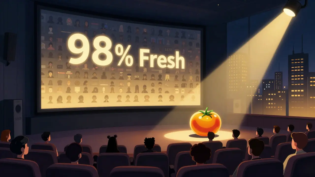 Un théâtre vide avec une tomate dorée sur l'écran et un pourcentage de 98% brillant au-dessus, sous un ciel crépusculaire.