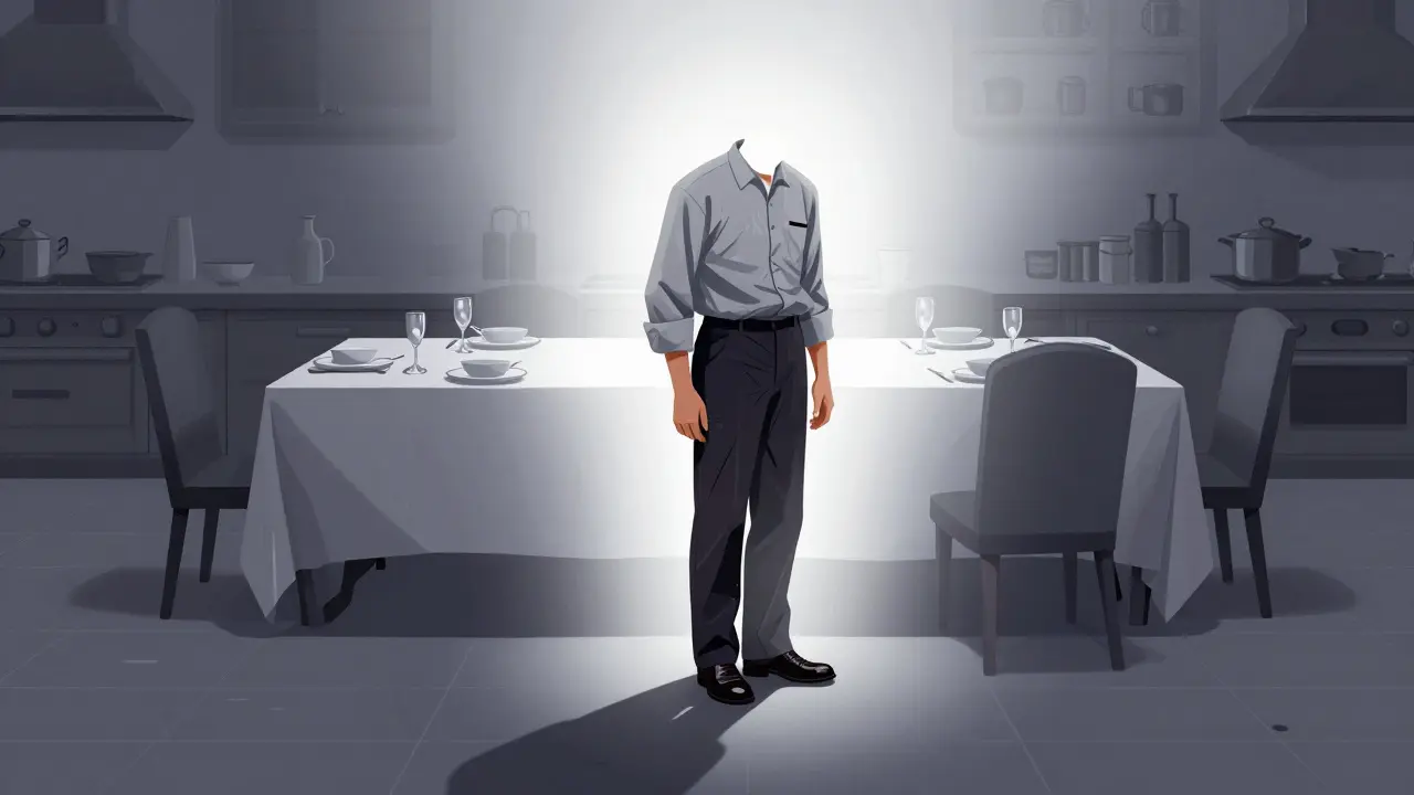 Un travailleur invisible dans une cuisine somptueuse, son ombre écrasée par un chaussure.