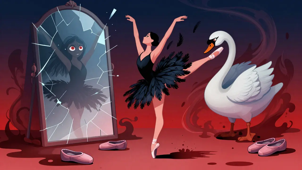 Une danseuse avec des plumes noires qui poussent de son dos, son reflet en ogre de cygne dans un miroir brisé.