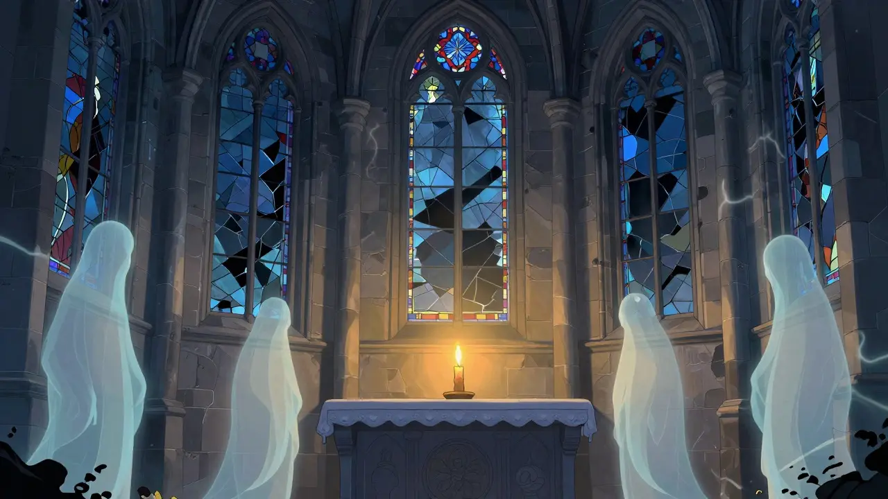 Une église abandonnée en Alsace où des silhouettes fantomatiques émergent des murs, dans une atmosphère mystérieuse et lumineuse.