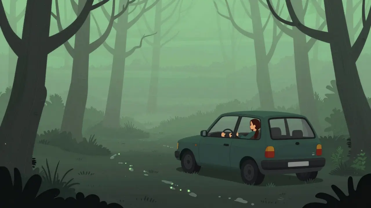 Une femme coincée dans sa voiture la nuit dans les bois du Jura, des empreintes lumineuses apparaissent sur le sol.