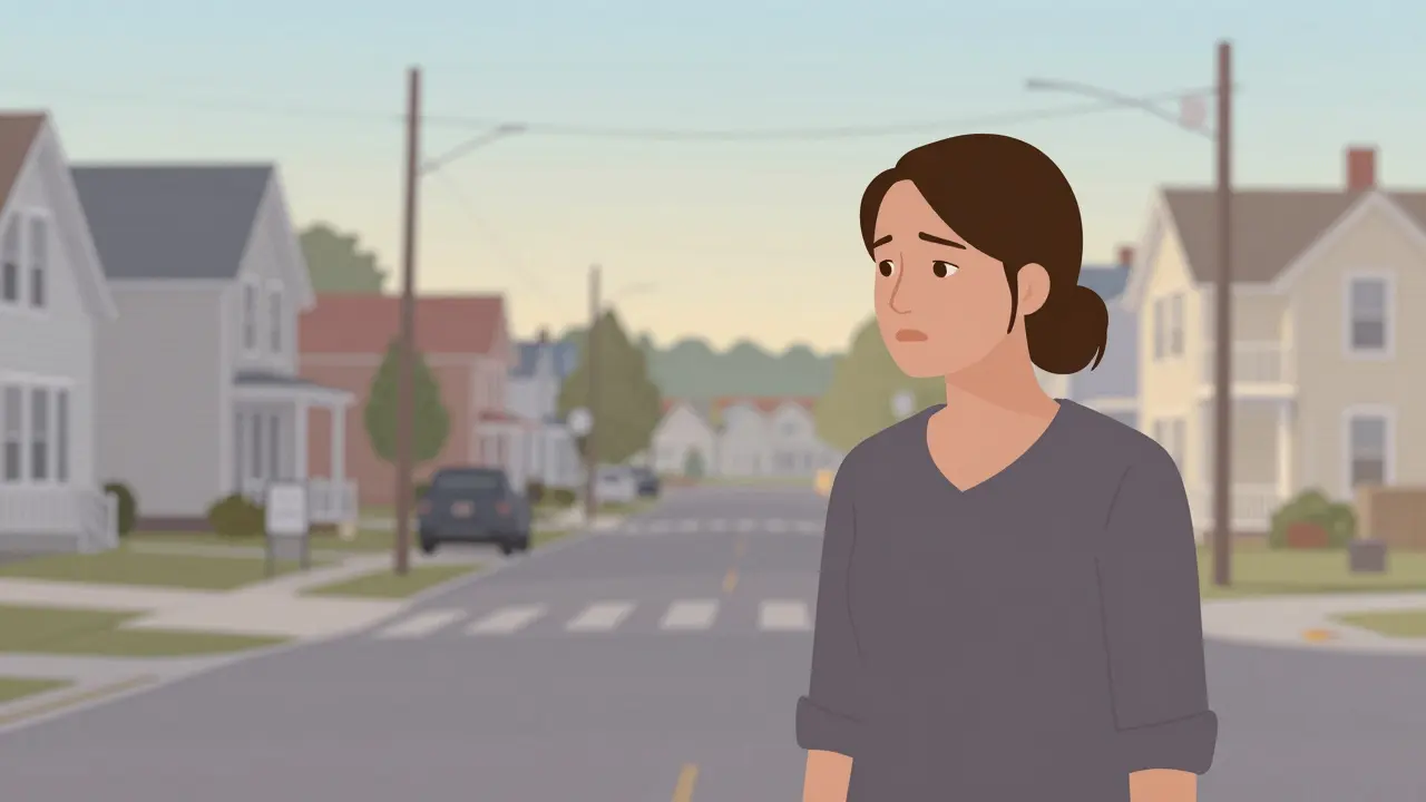 Une femme sur un trottoir résidentiel triste avec des tons gris et beiges doux.