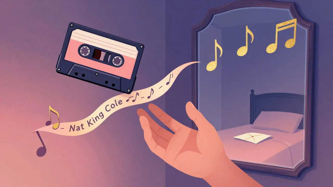 Une main tendue vers une cassette qui se déroule en notes musicales flottantes, entourée de gradients doux et d'un miroir reflétant une chambre vide.