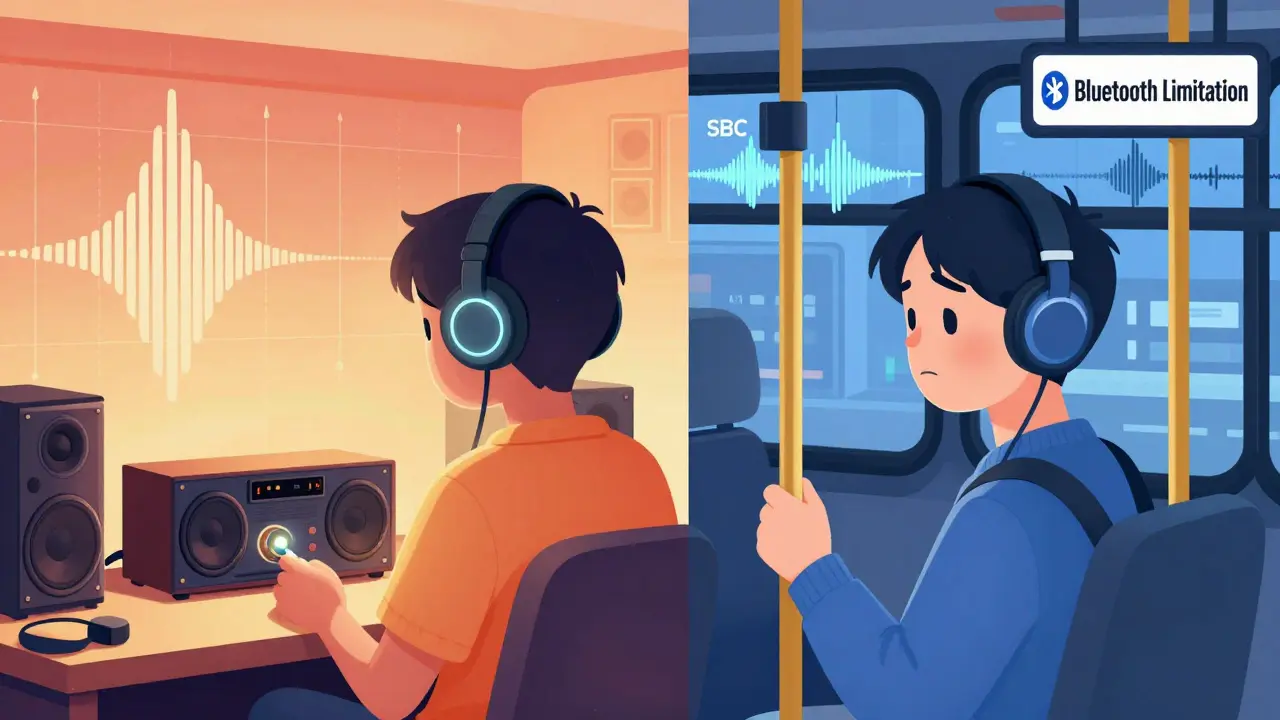 Une personne écoute de la musique classique à la maison avec un excellent son, mais en déplacement, le son se dégrade en qualité médiocre.