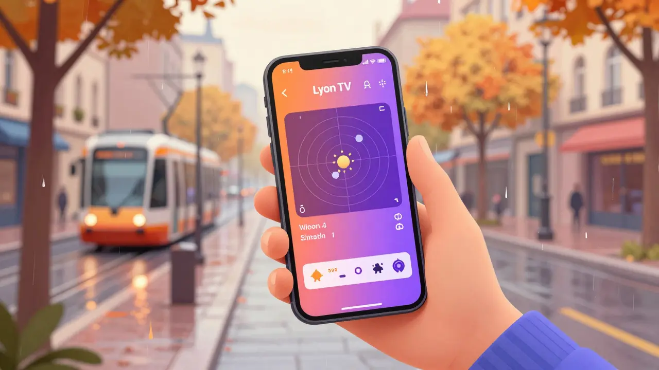 Une personne regarde une diffusion en direct de Lyon TV sur son smartphone, avec un radar météo et des alertes de circulation affichés.