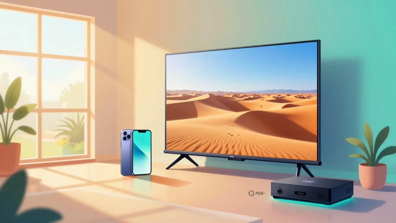 Une pièce moderne où un téléviseur s'adapte à la lumière ambiante, avec des appareils émettant une lueur HDR.