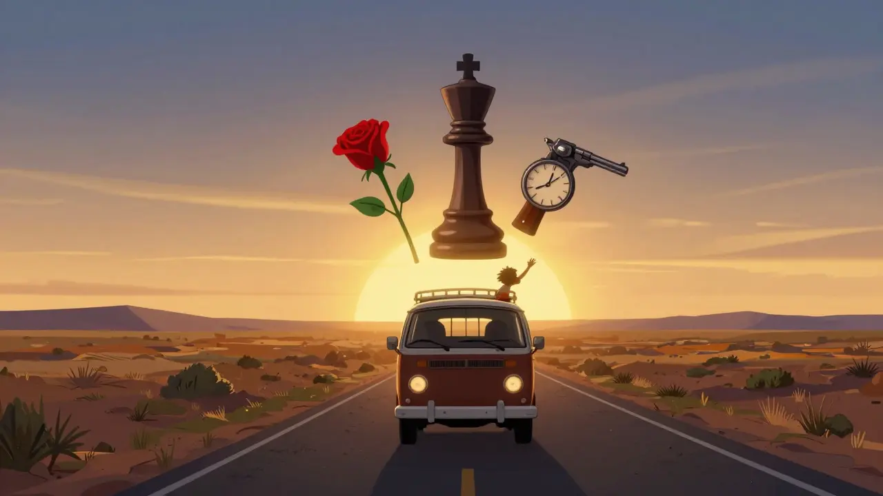 Une route traversant un paysage américain avec des symboles de films emblématiques flottant au-dessus, dissolvant dans un dégradé doré au couchant.