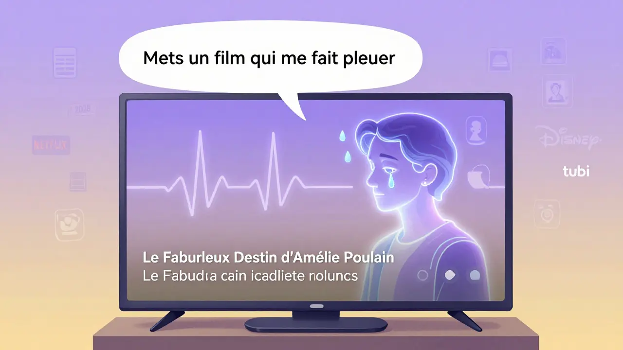 Vision futuriste d’un assistant vocal qui comprend une demande émotionnelle en français et propose un film français avec sous-titres.