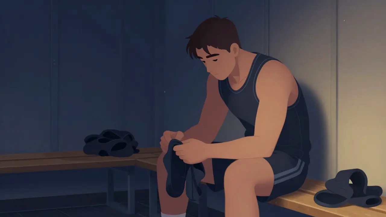 Athlète pensif seul dans un vestiaire, ambiance calme et introspective.