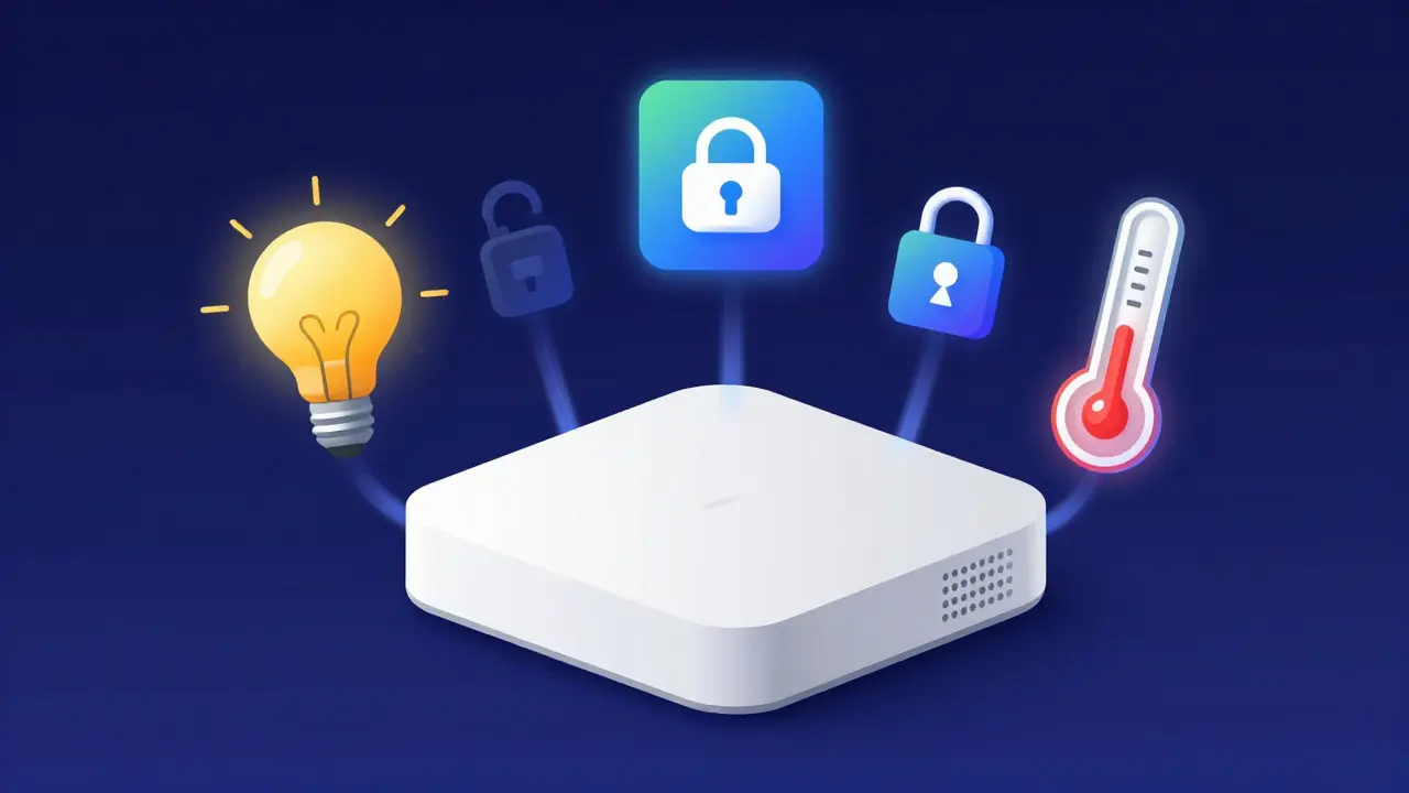 Boîtier Google TV Streamer entouré d'icônes de domotique connectées symbolisant le hub Matter.