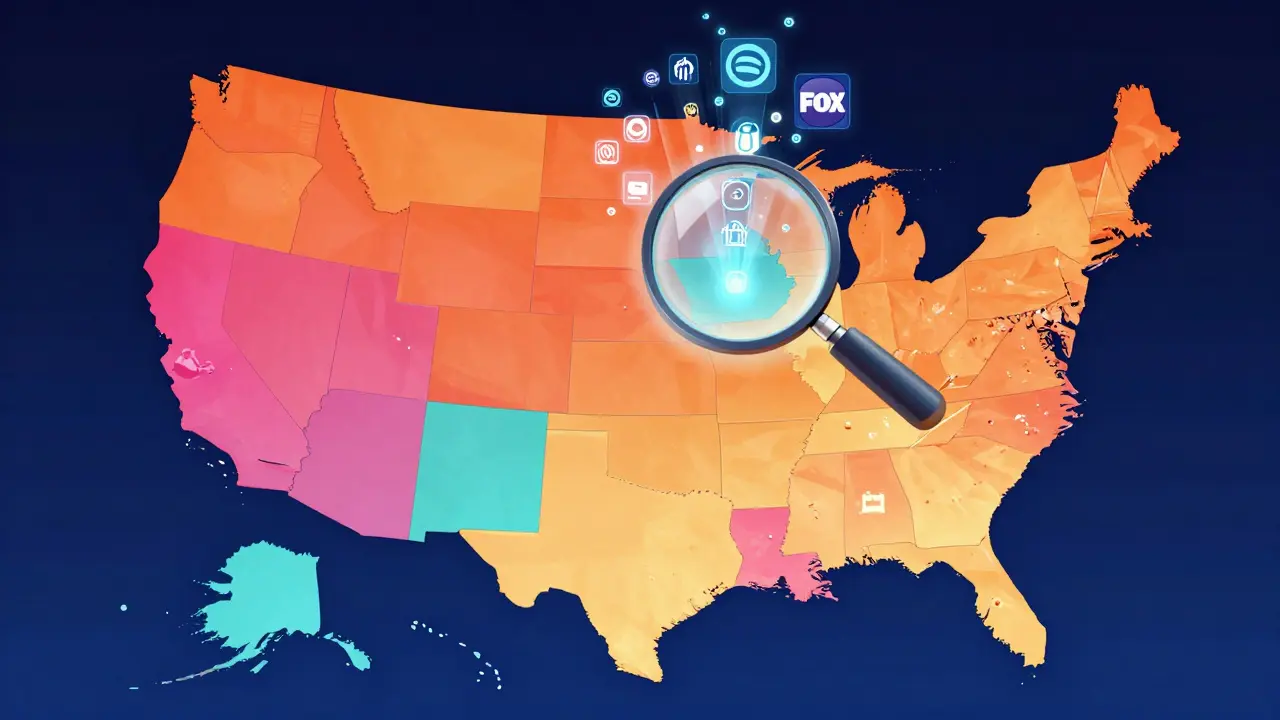 Carte des États-Unis divisée en zones colorées avec des logos de chaînes locales holographiques.