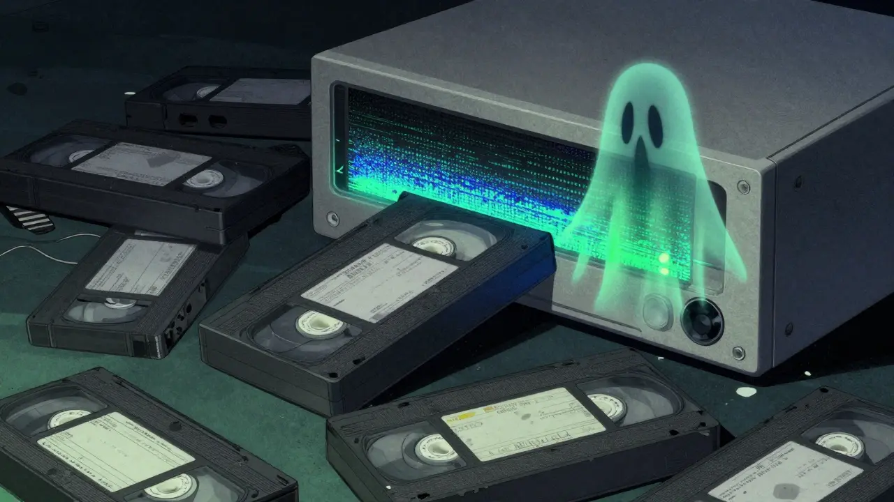 Cassettes VHS poussiéreuses avec une silhouette glitchée sortant d'un magnétoscope