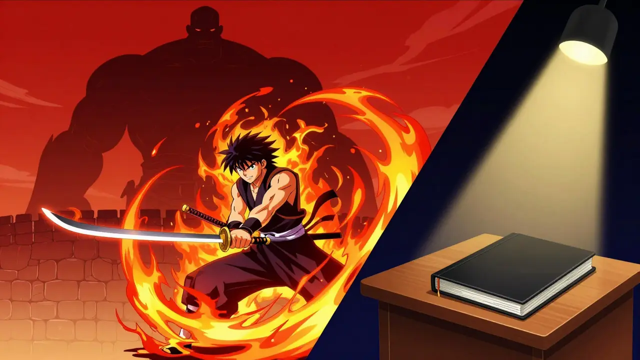 Collage dynamique own d'un titan, d'un combat au sabre et d'un carnet noir.