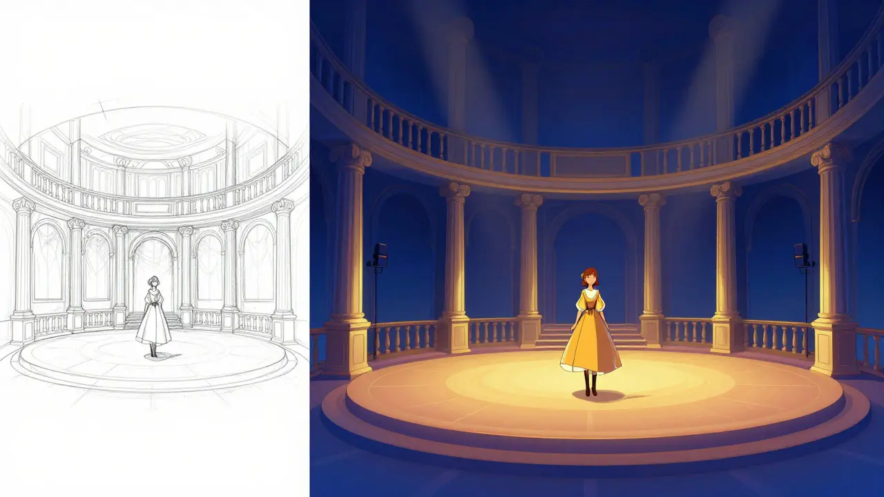 Comparaison entre un dessin au crayon et une scène de bal colorisée numériquement.