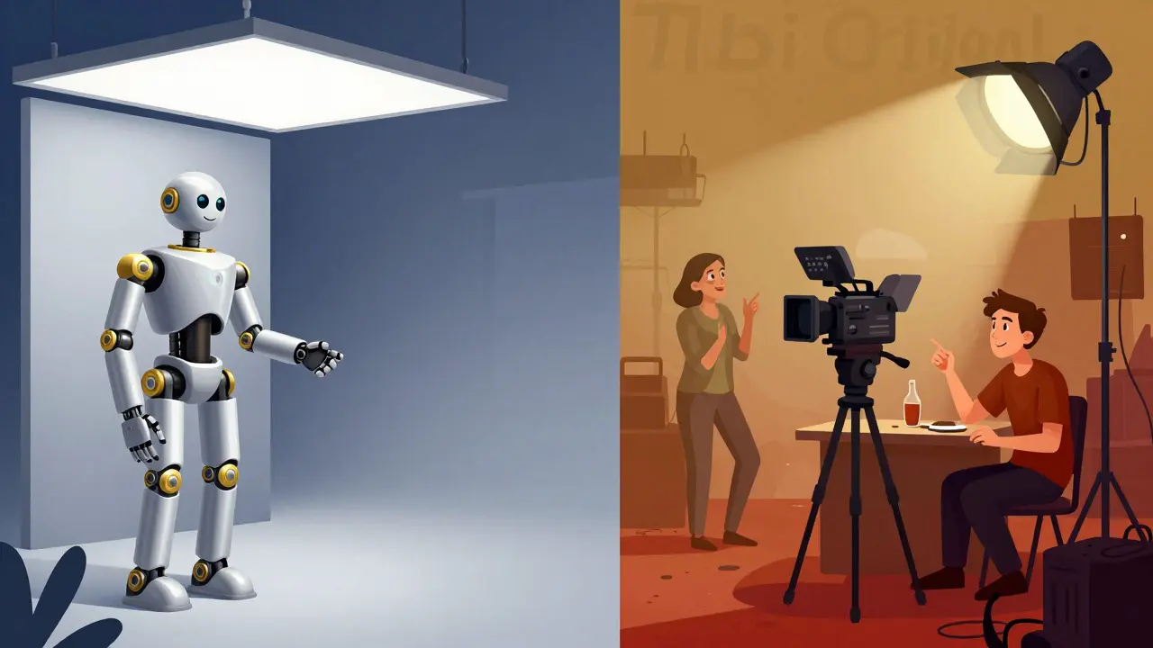 Comparaison illustrée entre un studio de cinéma luxueux et un plateau de tournage indépendant.