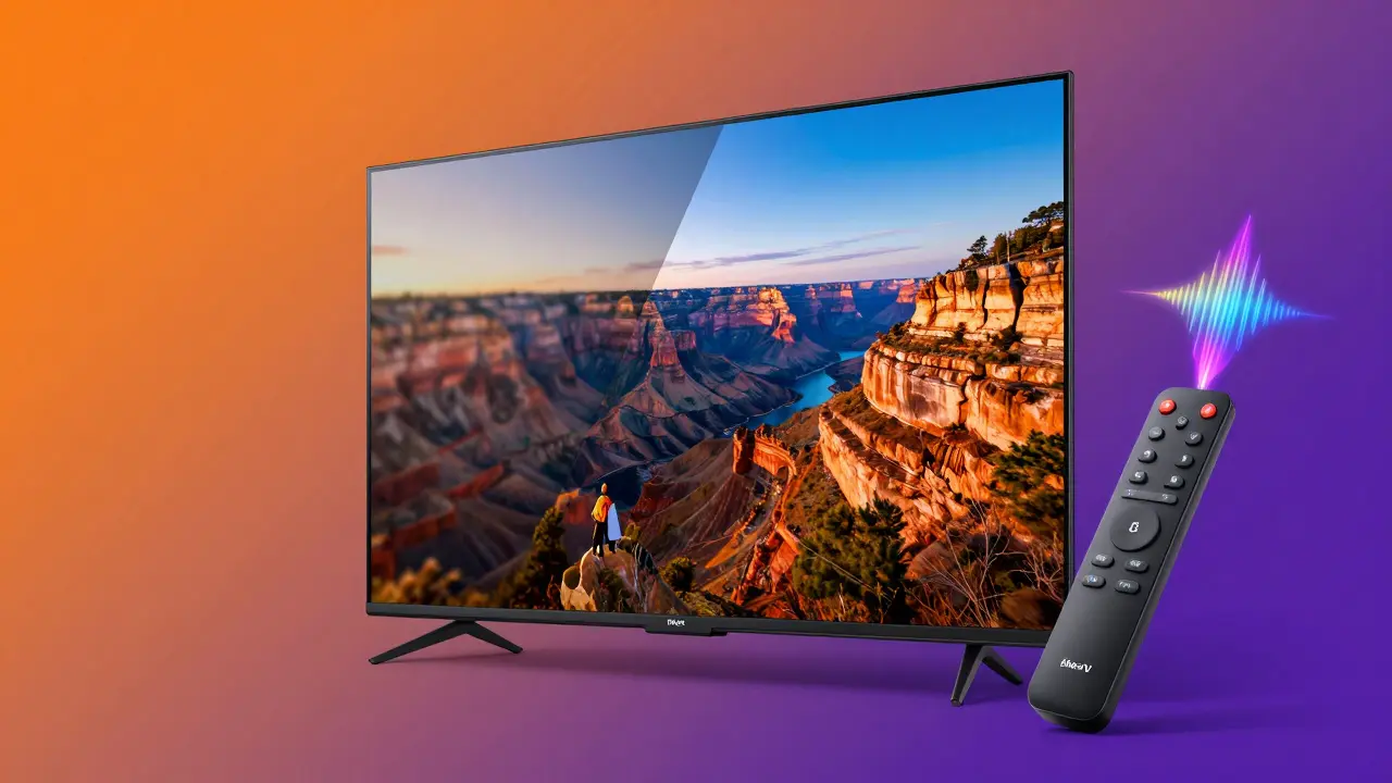 Comparaison visuelle entre une image standard et la qualité 4K HDR avec commande vocale.