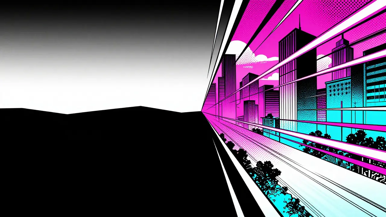 Composition contrastée mêlant un style minimaliste noir et blanc et une ville urbaine aux couleurs néon.