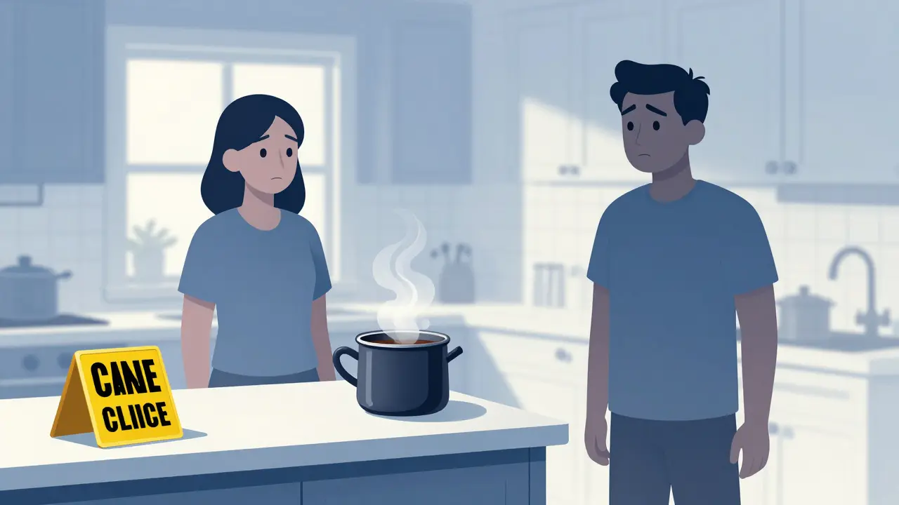 Cuisine banale avec un indice de crime, illustrant l'humour noir des Coen.