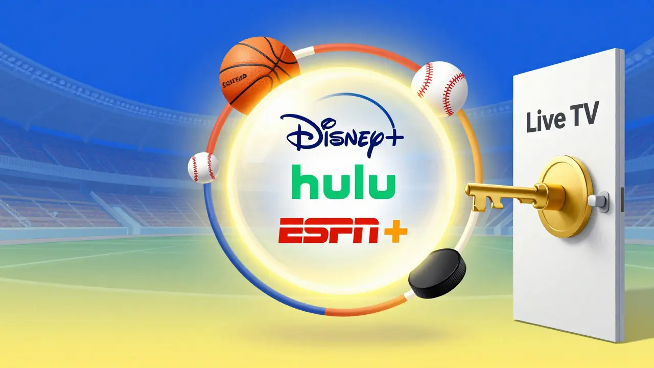 Écosystème du Disney Bundle avec logos et équipements sportifs entourant un accès au Live TV.