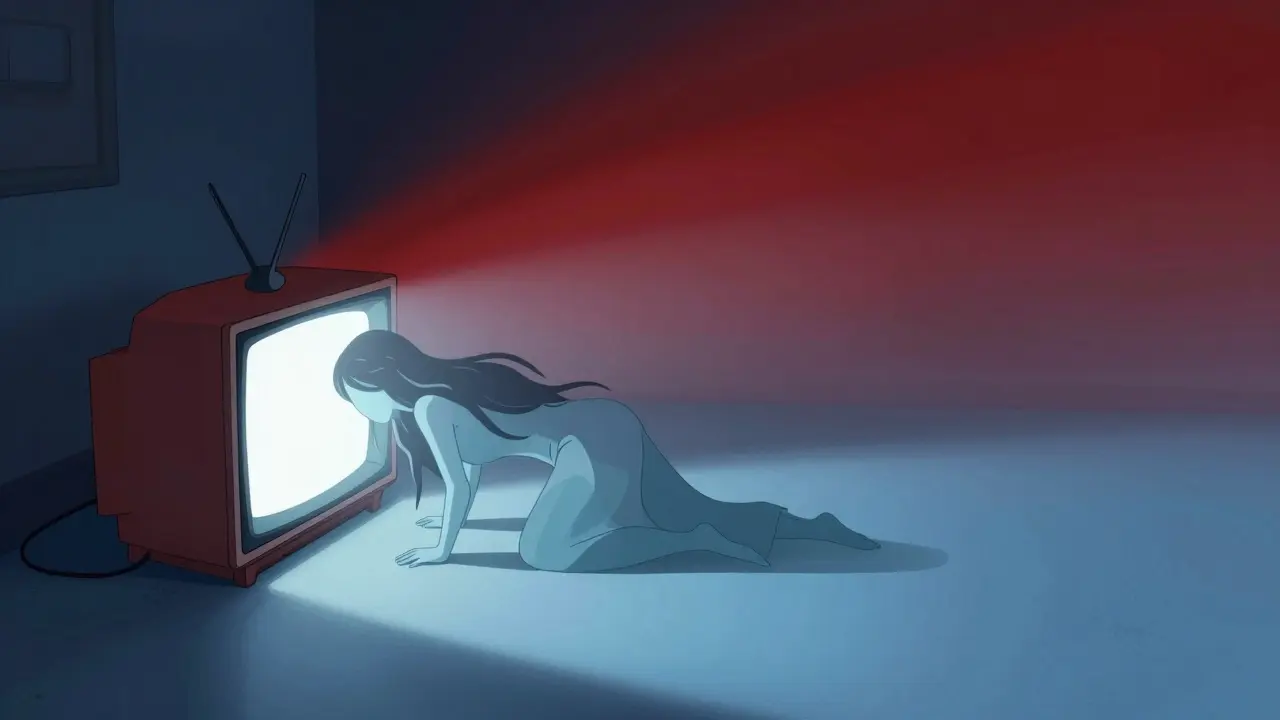 Esprit aux longs cheveux sortant d'un téléviseur dans un dégradé de bleu et de rouge.