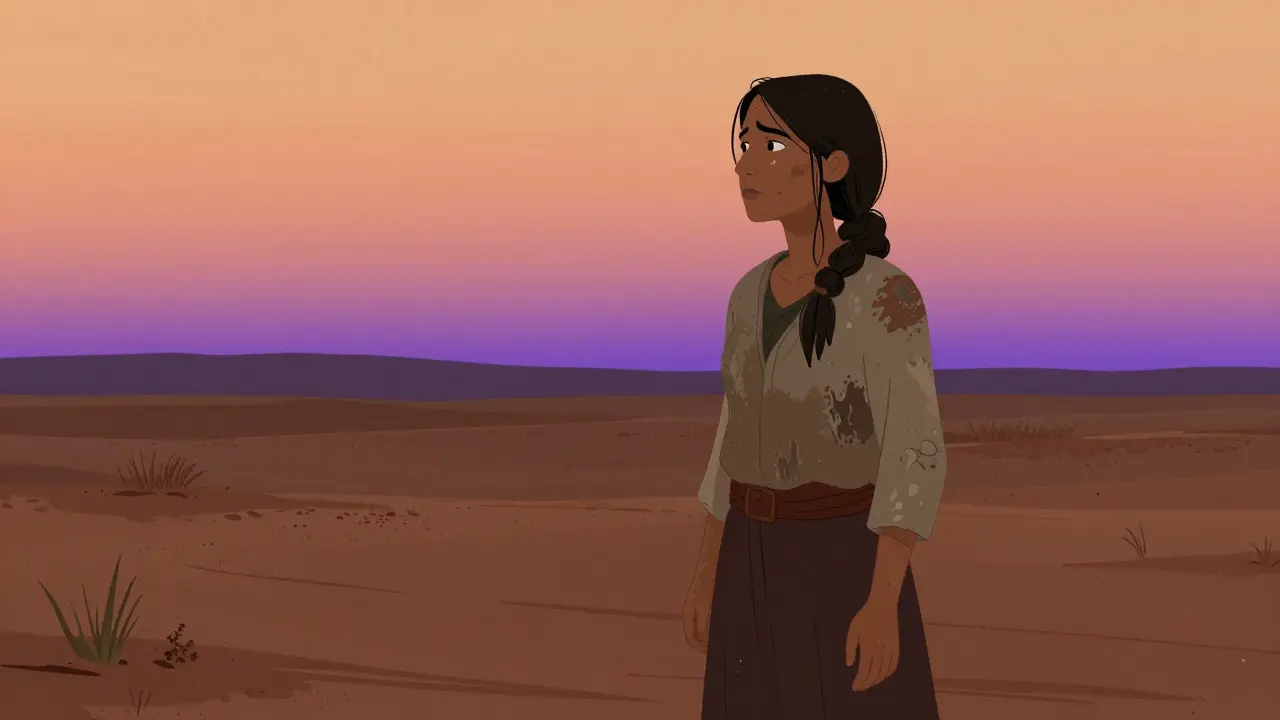 Femme résiliente regardant l'horizon dans un paysage désertique aux couleurs dégradées.