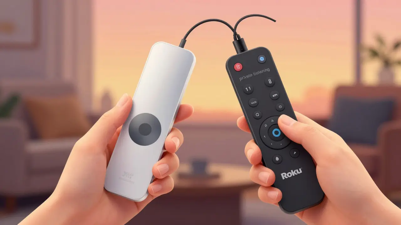Gros plan illustré de la télécommande Apple en aluminium et de la télécommande Roku avec casque.
