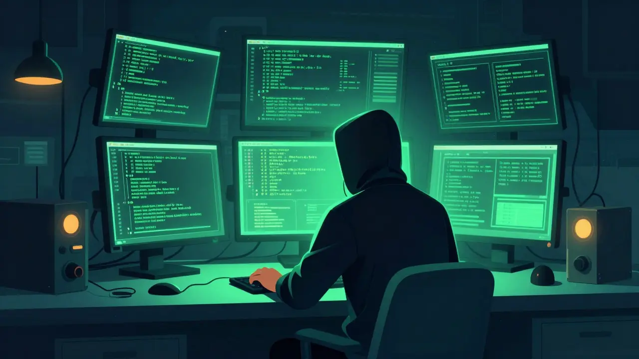 Hacker dans une pièce sombre entouré d'écrans de code numérique.