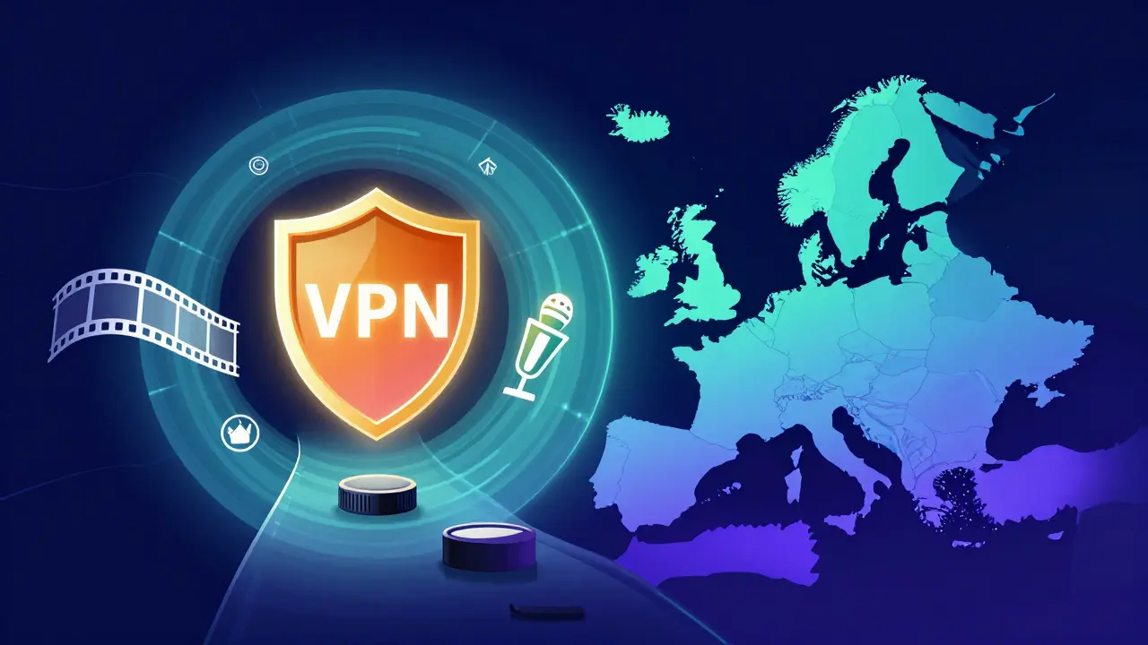 Illustration conceptuelle d'un tunnel VPN sécurisé reliant l'Europe au Canada avec des icônes de divertissement.