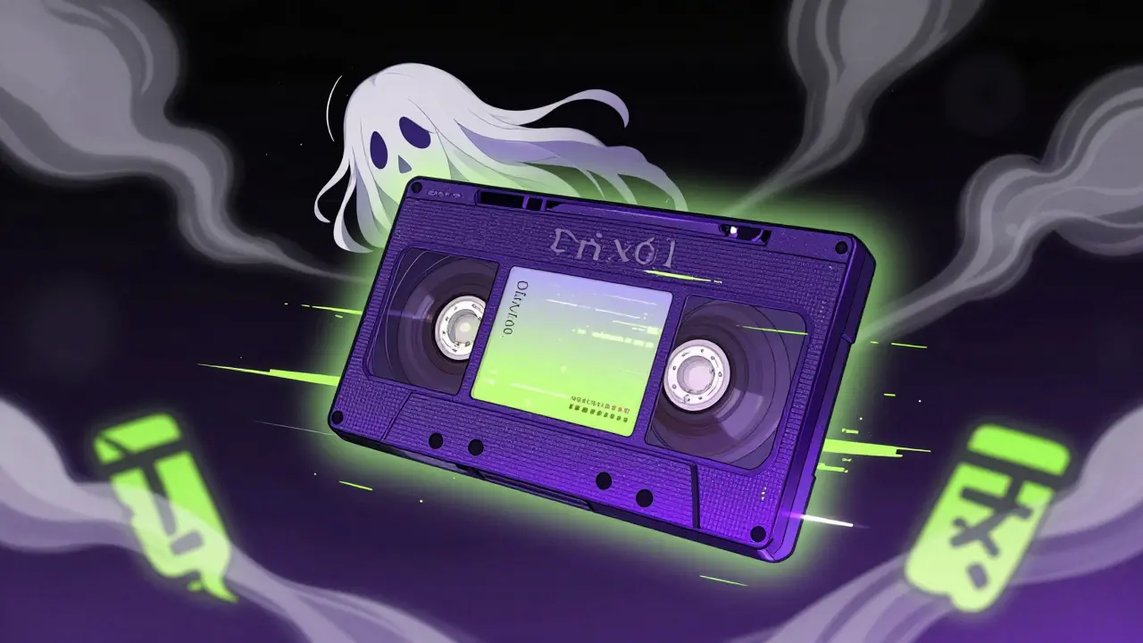 Illustration d'une cassette VHS maudite entourée d'une aura spectrale et de cheveux noirs.