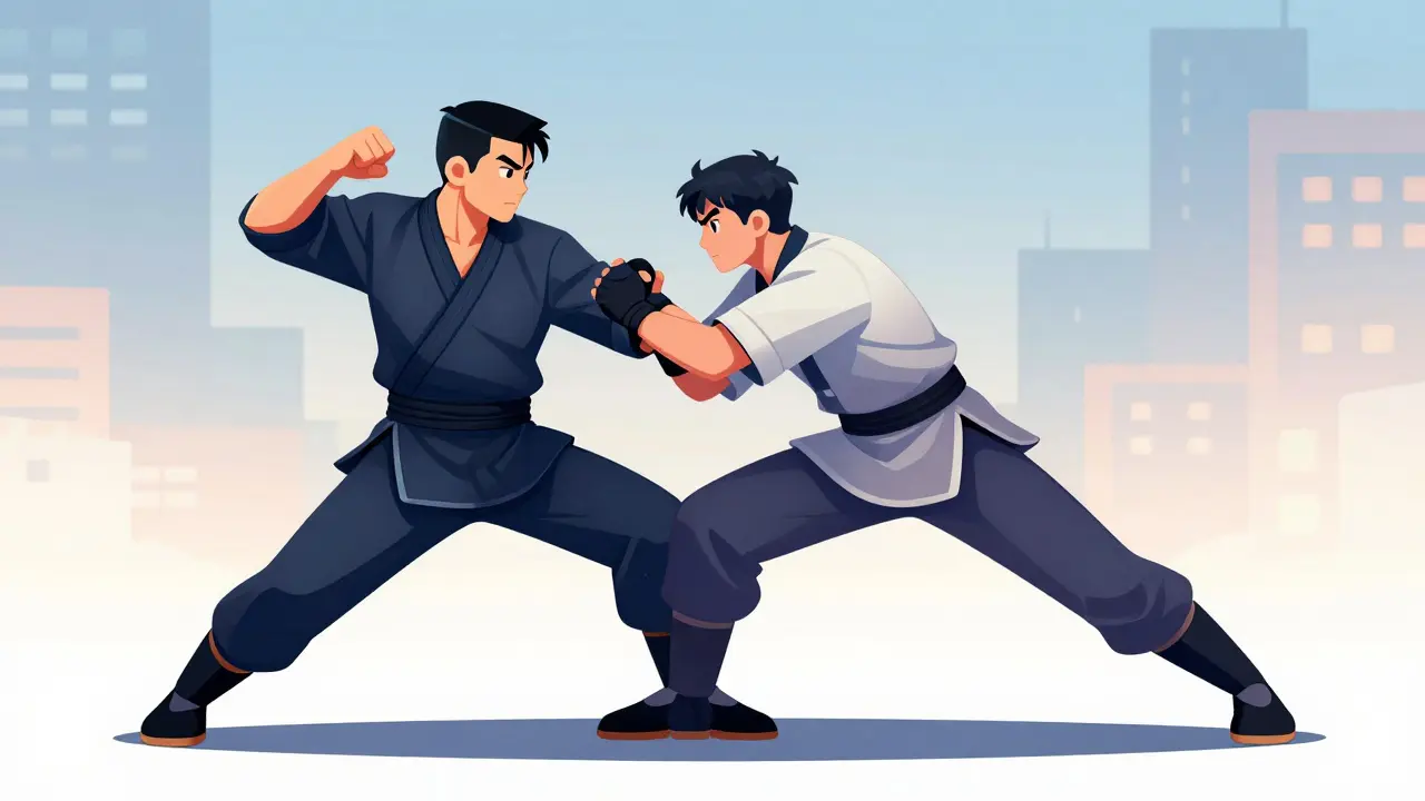 Illustration stylisée d'un combattant alliant arts martiaux et tir tactique avec des couleurs vives.