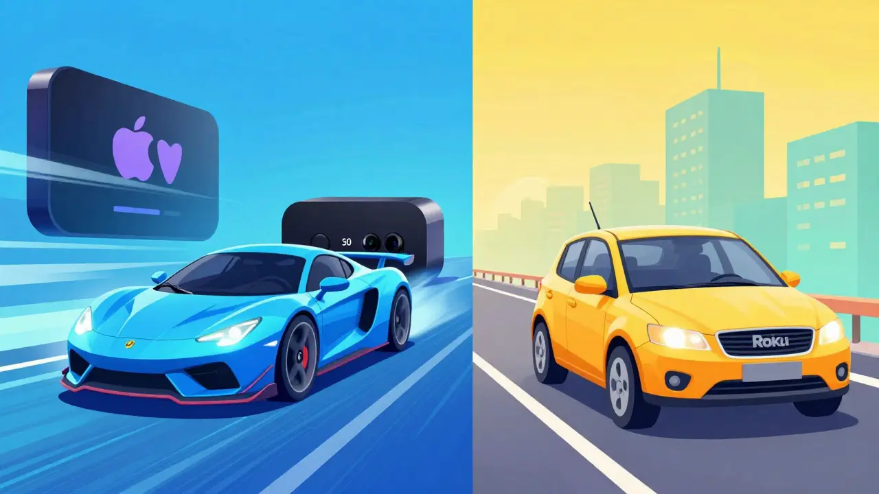 Illustration symbolique comparant la vitesse de l'Apple TV à une voiture de sport et Roku à une citadine.