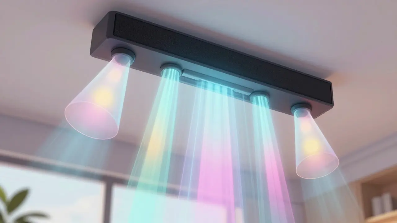 Ondes sonores colorées rebondissant au plafond pour l'effet audio spatial.