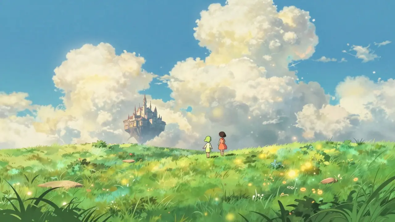 Paysage onirique style anime avec une jeune fille, un esprit et un château flottant sous un ciel dégradé.
