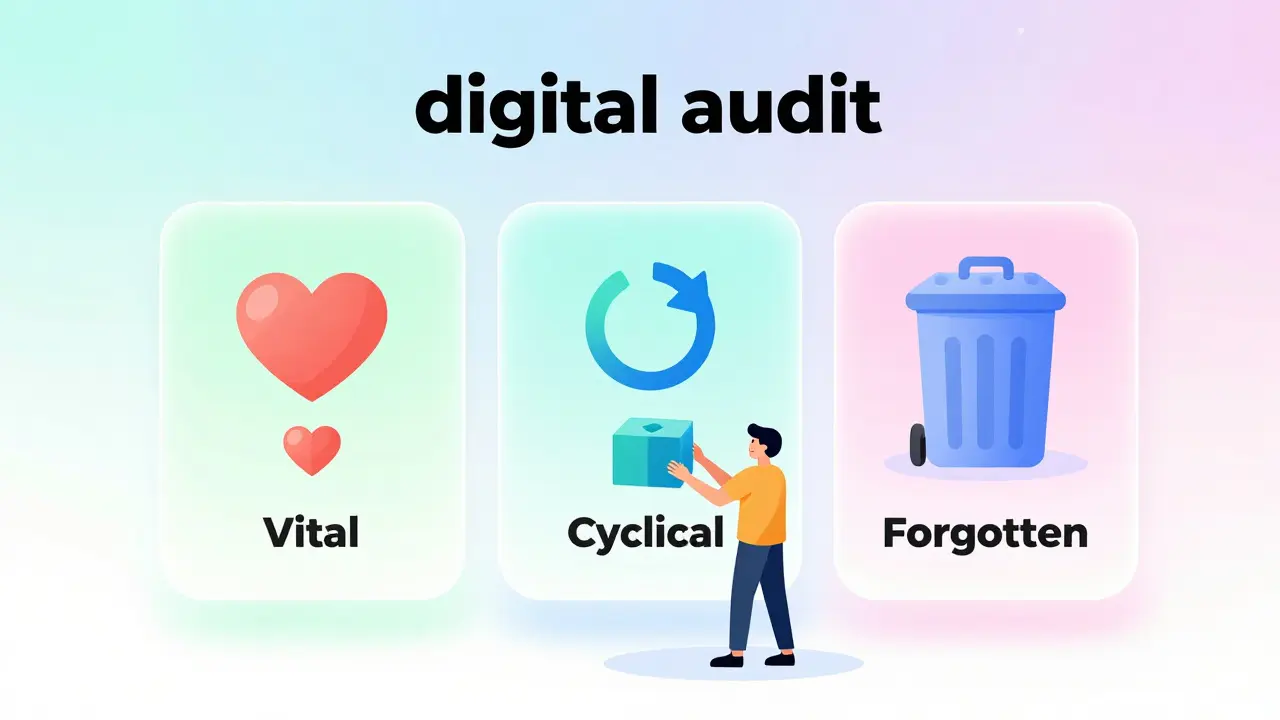 Personnage organisant ses abonnements numériques en trois catégories : vital, cyclique et oublié.