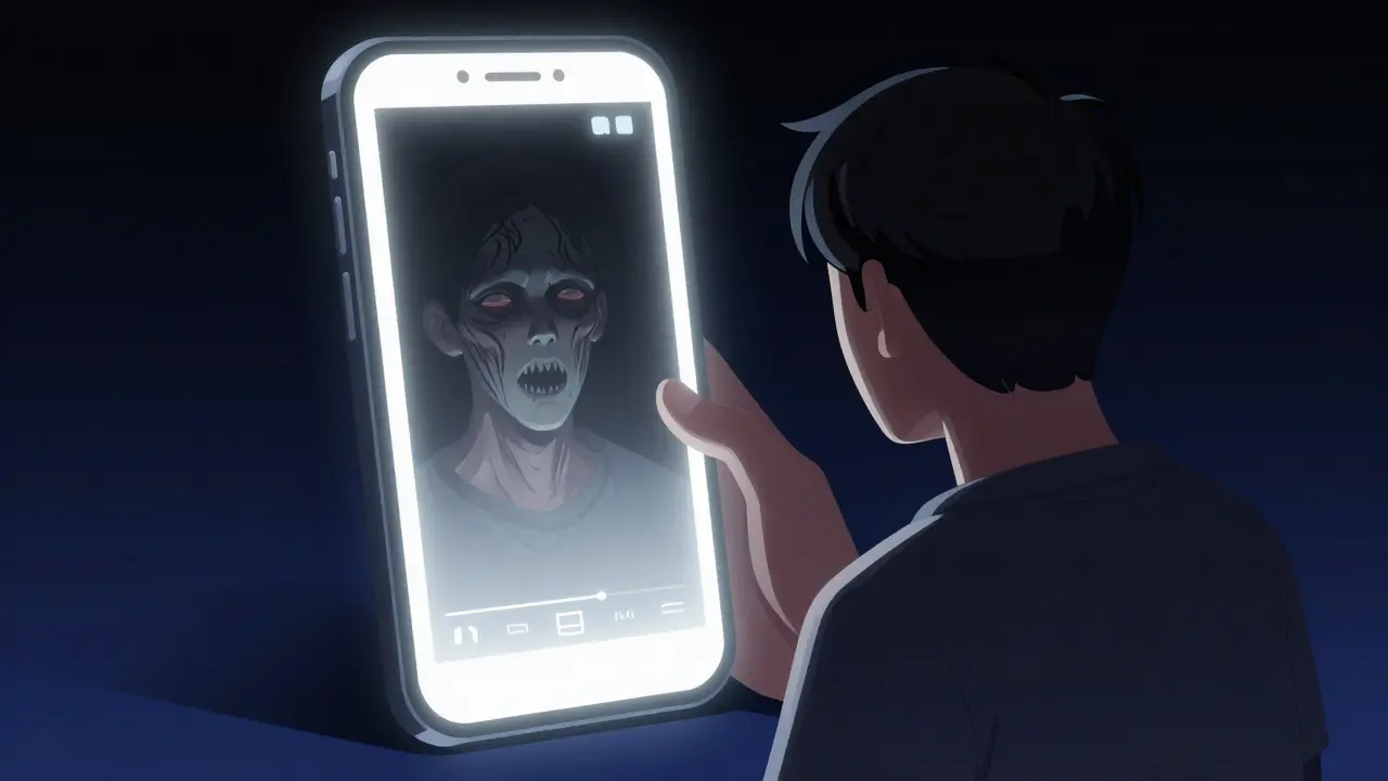 Personne regardant un smartphone dont le reflet devient un monstre numérique