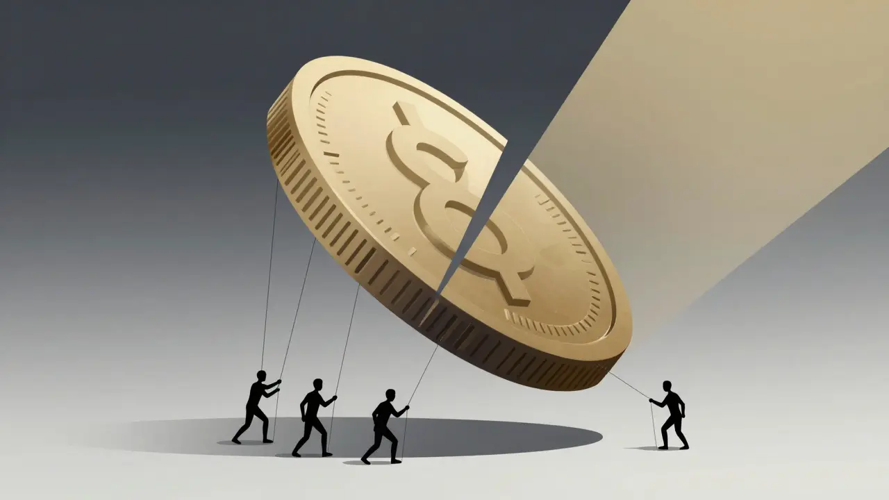 Pièce de monnaie géante et marionnettes symbolisant le nihilisme et le hasard.