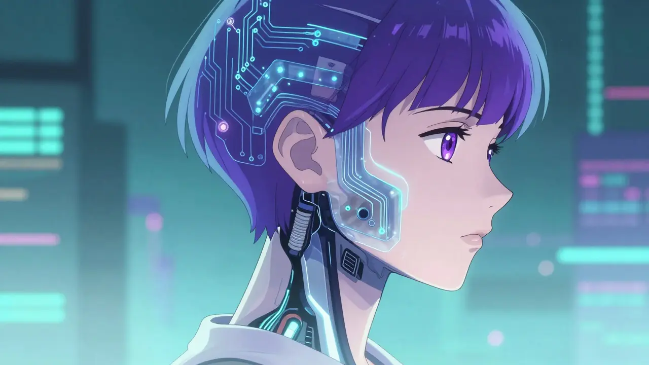 Profil de cyborg montrant la fusion entre circuits électroniques et peau.