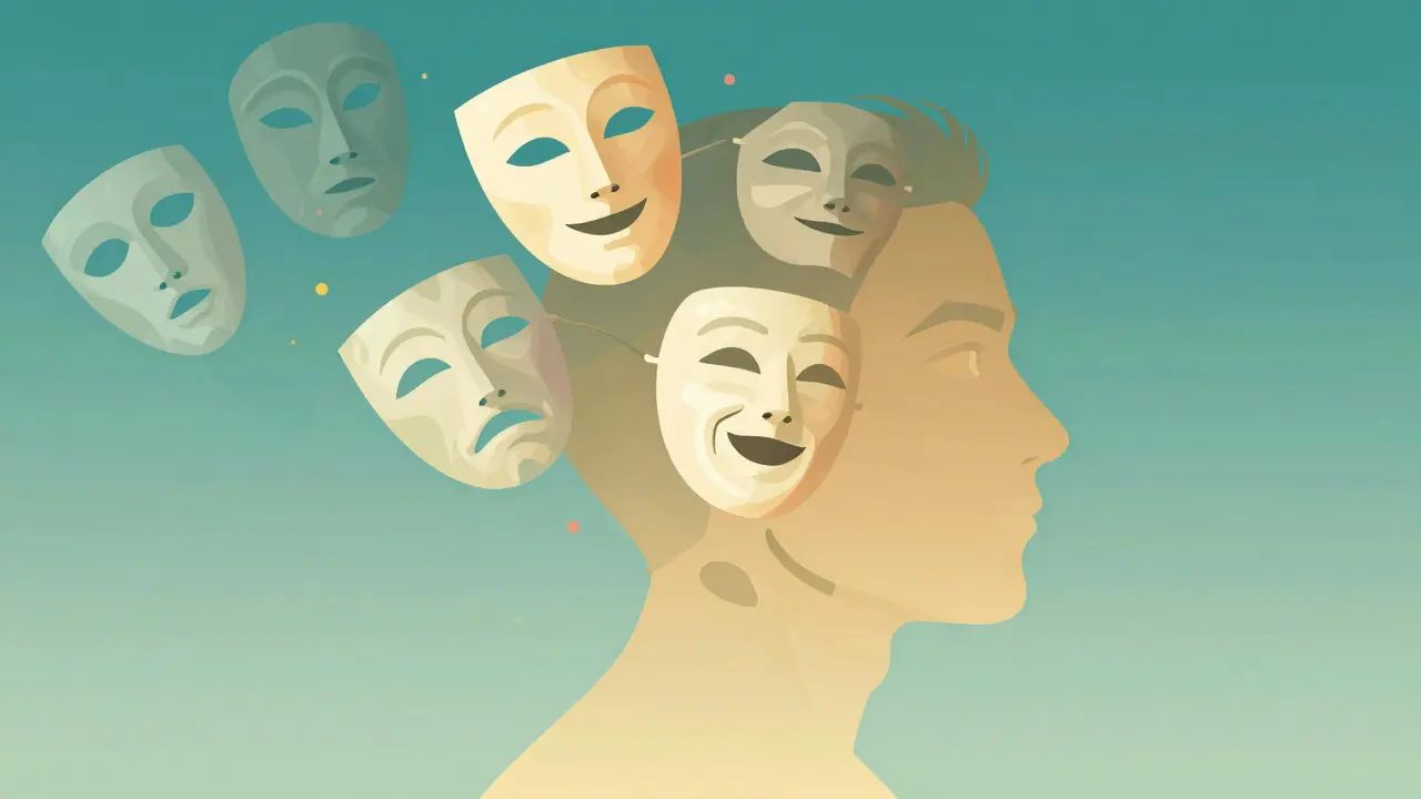 Profil humain stylisé avec des masques s'effaçant pour révéler l'authenticité.