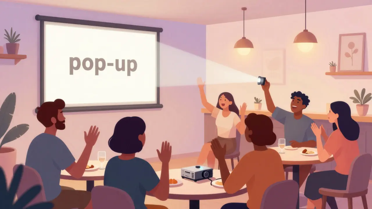 Projection événementielle et débat dans un café culturel animé.