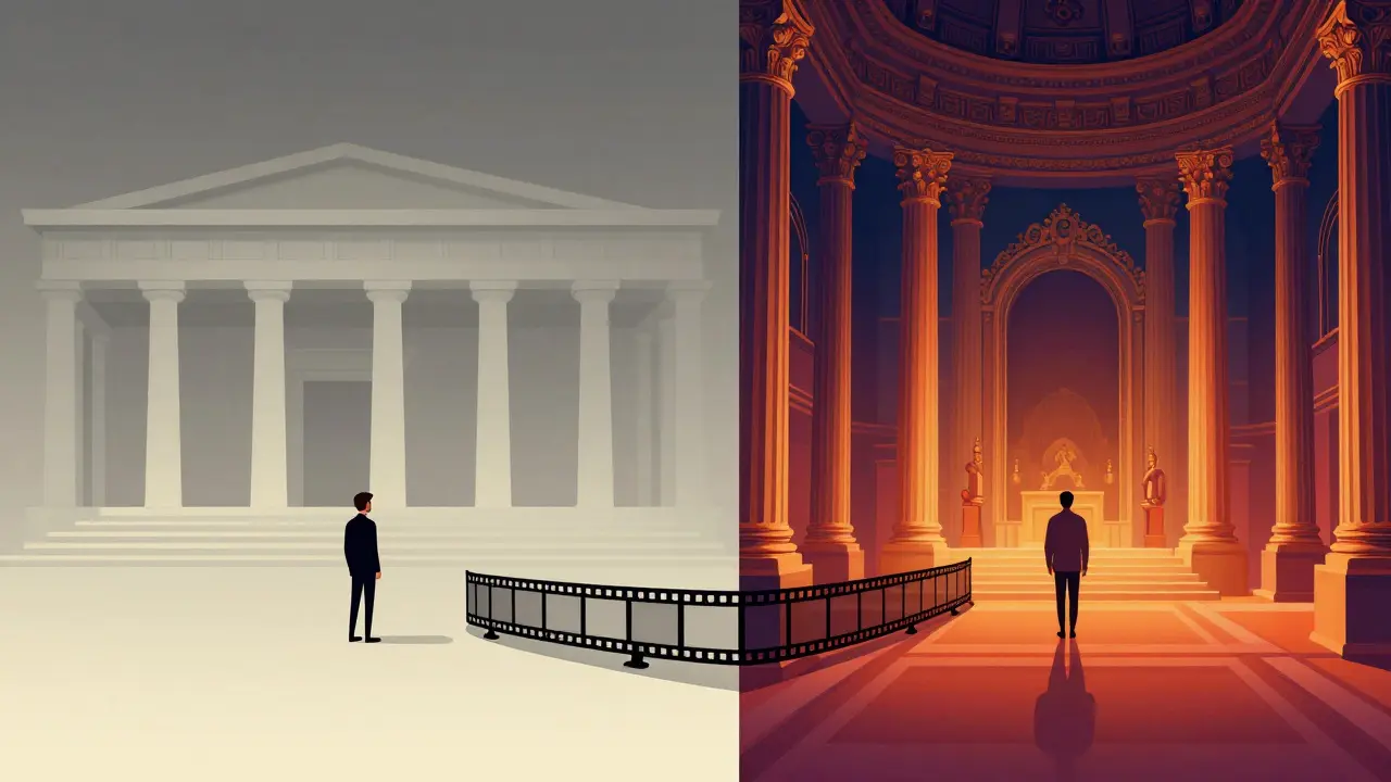 Représentation graphique du passage d'un style cinématographique minimaliste au baroque.