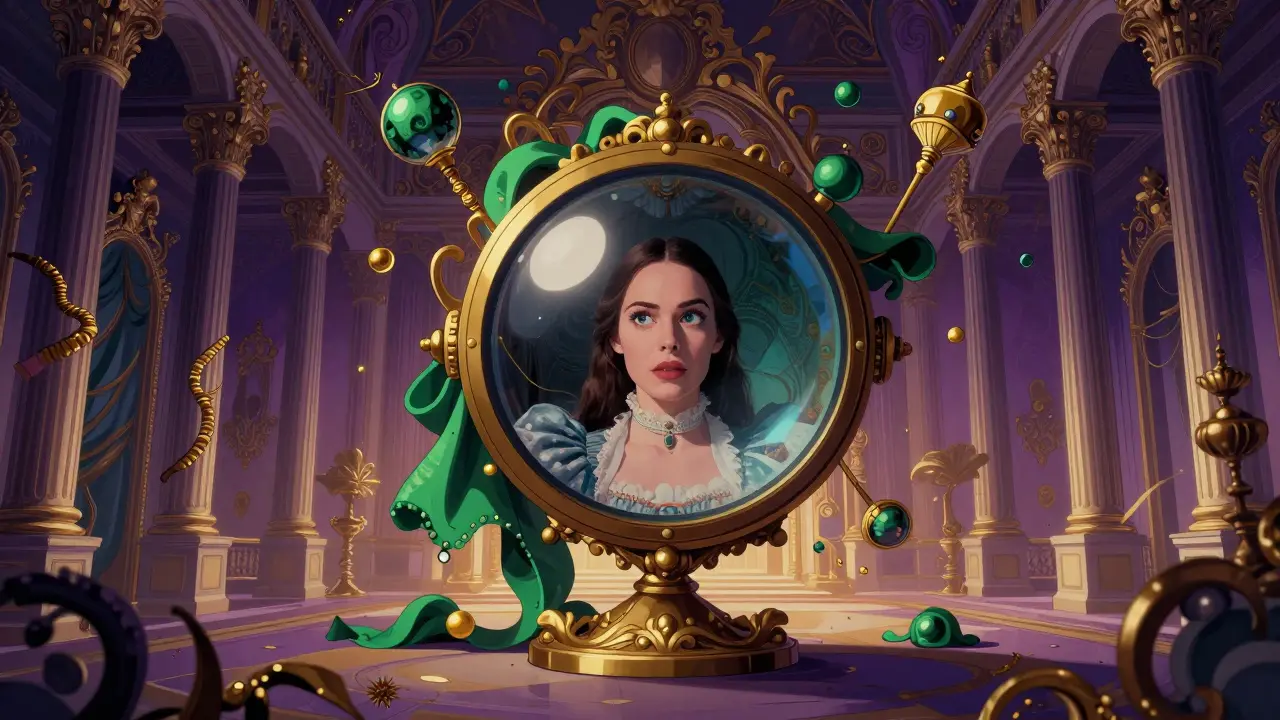 Scène baroque colorée vue à travers un objectif fish-eye avec une femme au centre.