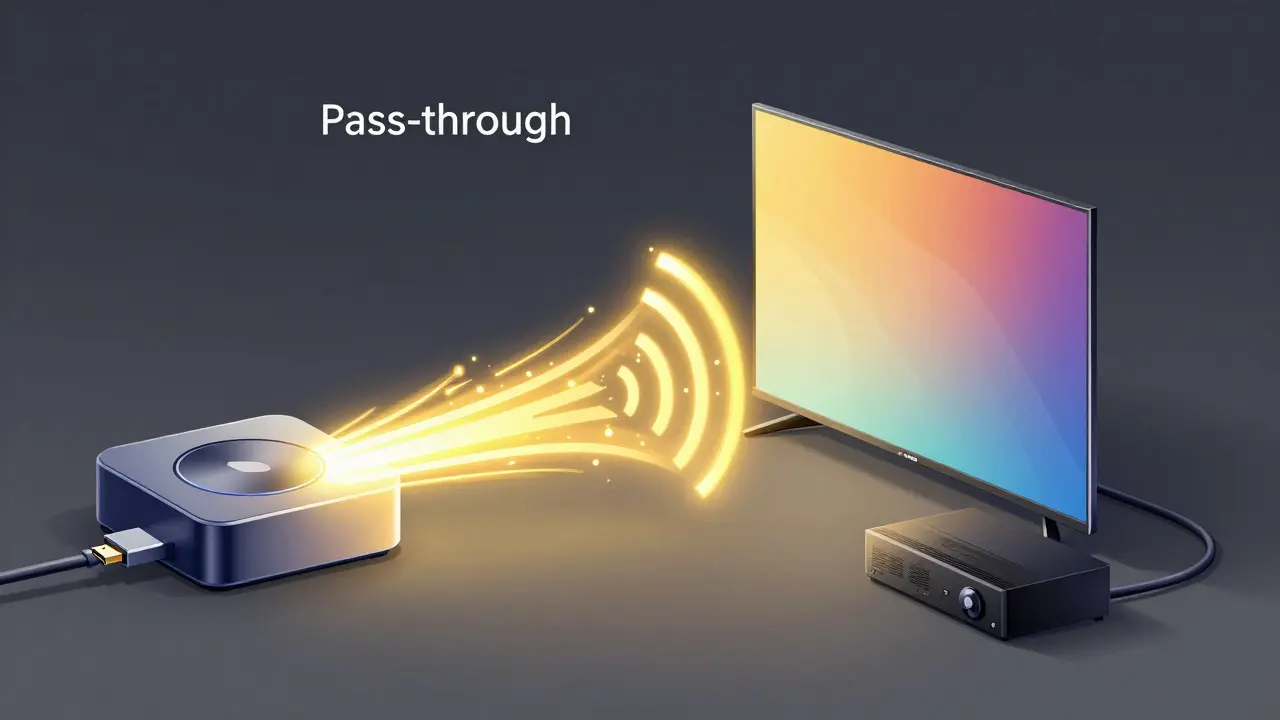 Schéma illustrant le flux du signal audio Atmos entre les appareils HDMI.