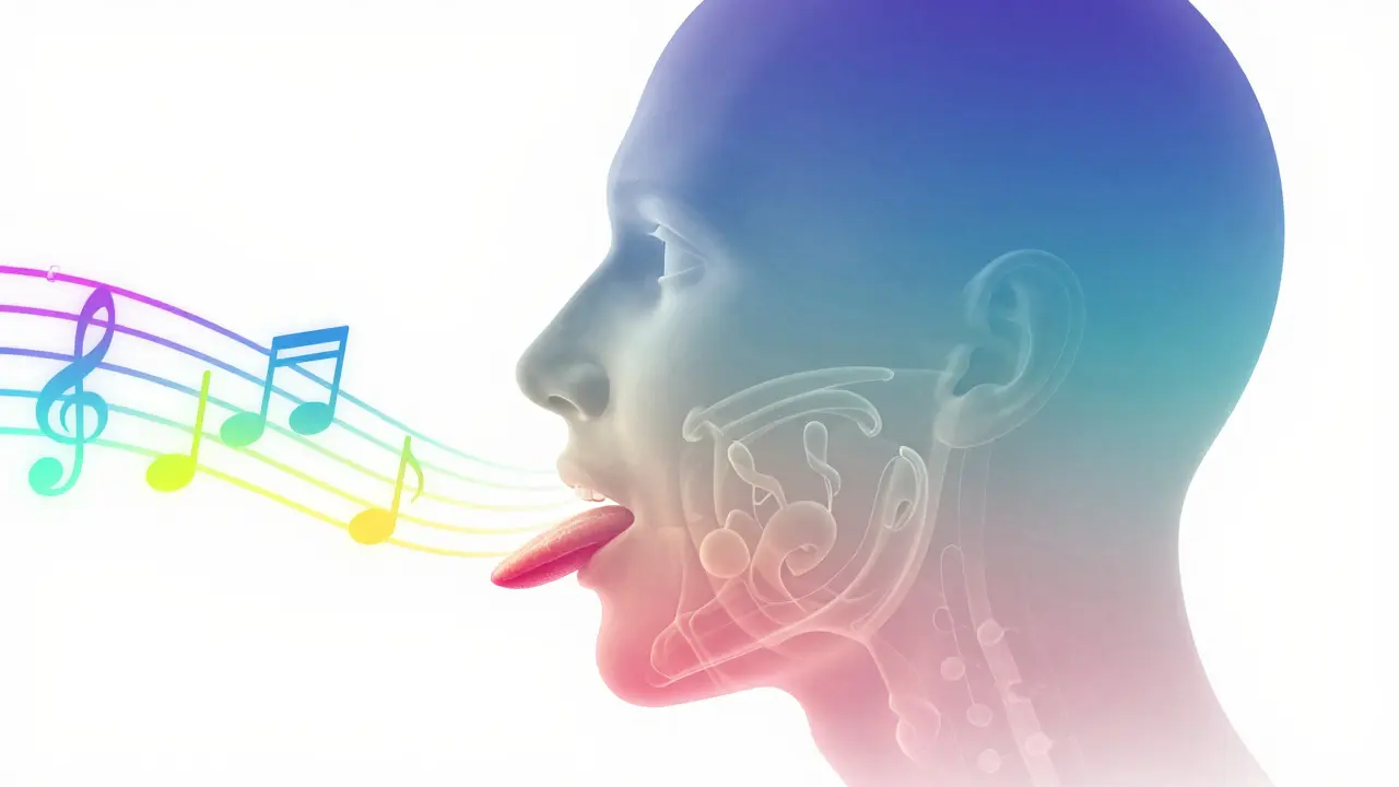 Schéma stylisé du visage d'un acteur montrant la phonétique et la mécanique vocale.