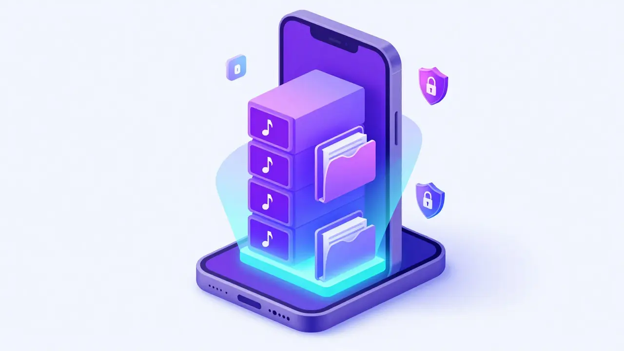 Smartphone stylisé illustrant le stockage et le cryptage de la musique