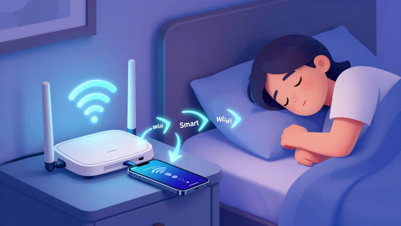 Smartphone téléchargeant du contenu via Wi-Fi pendant la nuit à côté d'un routeur lumineux.